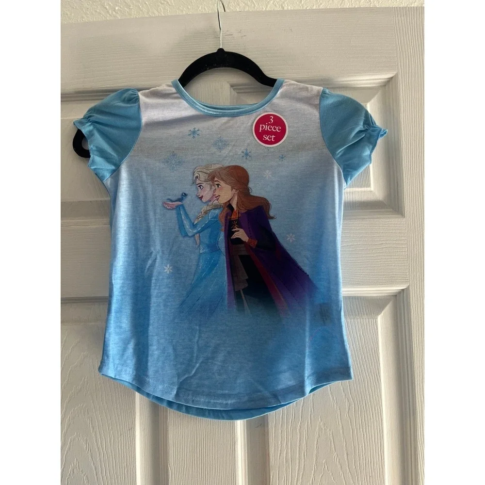 Disney Frozen Girls 3 Piece Pajama Set Elsa Anna Blue Shirt Shorts Pants Size 8